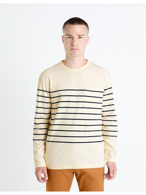 Celio Krémové pánske pruhované tričko Celio Veboxmlr