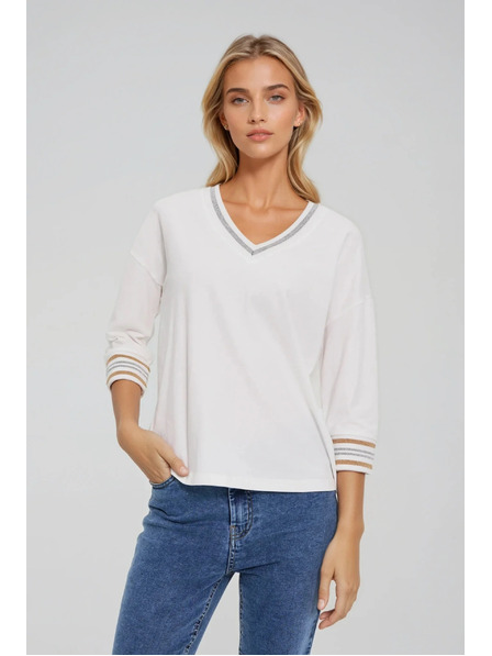 Moodo Bavlnená mikina so výstrihom do V biela Moodo