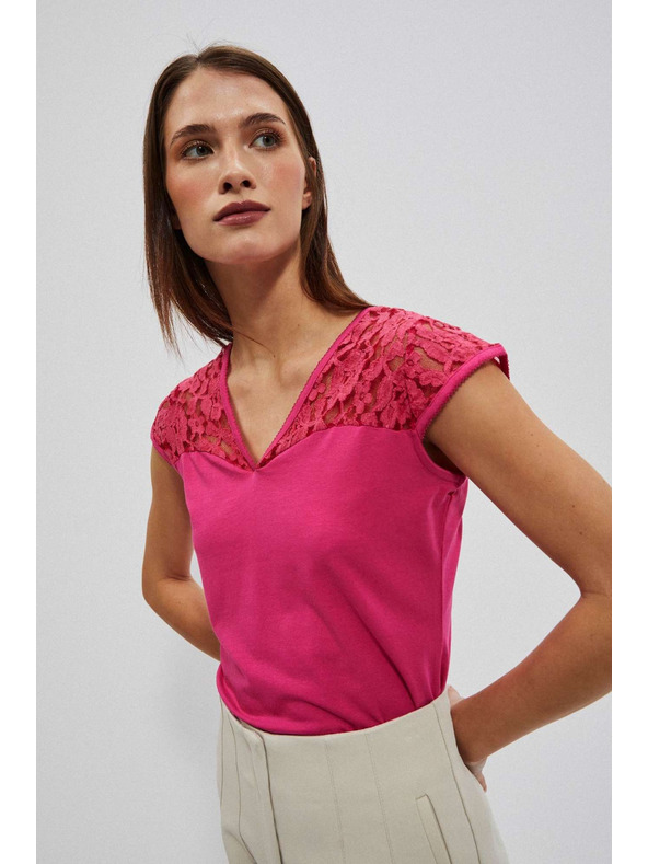 Moodo Ružová blúzka s výstrihom do V a čipkou Moodo