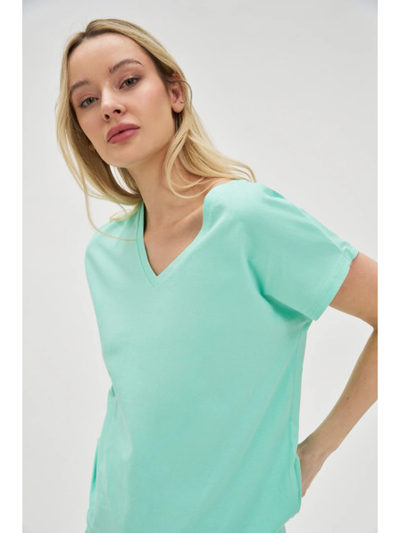 Moodo Bavlnené tričko s výstrihom do véčka mätové Moodo