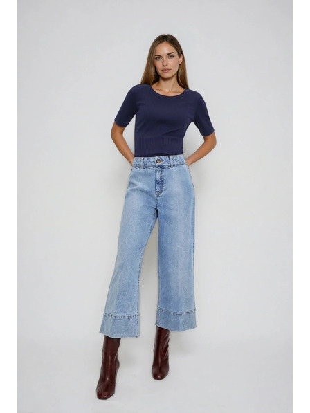 Moodo Tmavo modrá blúzka z rebrovaného materiálu Moodo