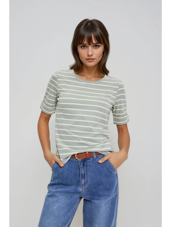 Moodo Bavlnené tričko pruhované olivové Moodo
