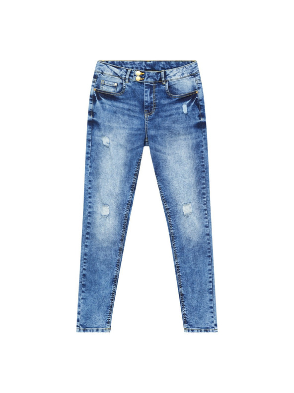 Moodo Úzke džínsy so stredným pásom s odretinami modré Moodo