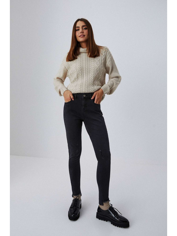 Moodo Skinny džínsy so stredným pásom s rozstrapkanými nohavicami grafitové Moodo