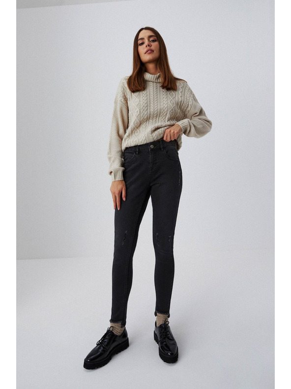 Moodo Skinny džínsy so stredným pásom s rozstrapkanými nohavicami grafitové Moodo