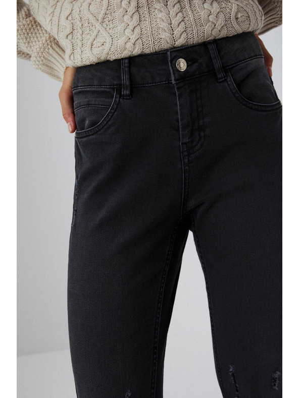 Moodo Skinny džínsy so stredným pásom s rozstrapkanými nohavicami grafitové Moodo