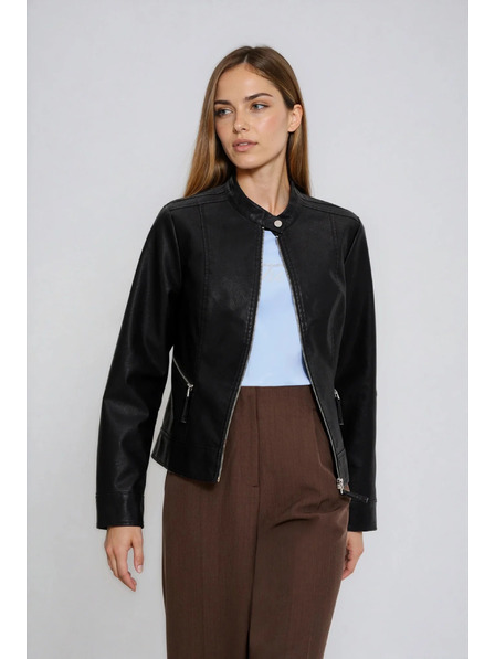 Moodo Čierna bunda z imitácie kože Moodo