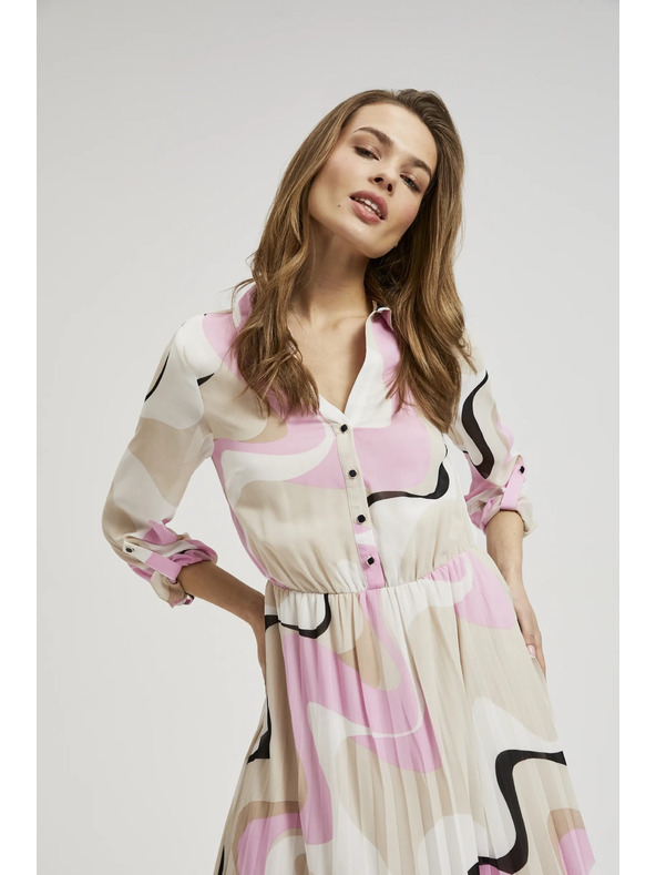 Moodo Béžové šaty s geometrickým vzorom a plisovaným spodkom Moodo