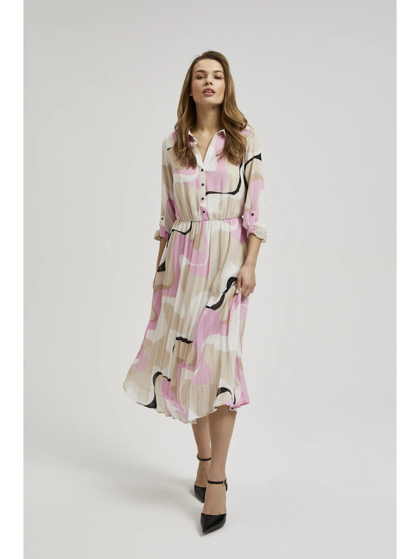 Moodo Béžové šaty s geometrickým vzorom a plisovaným spodkom Moodo