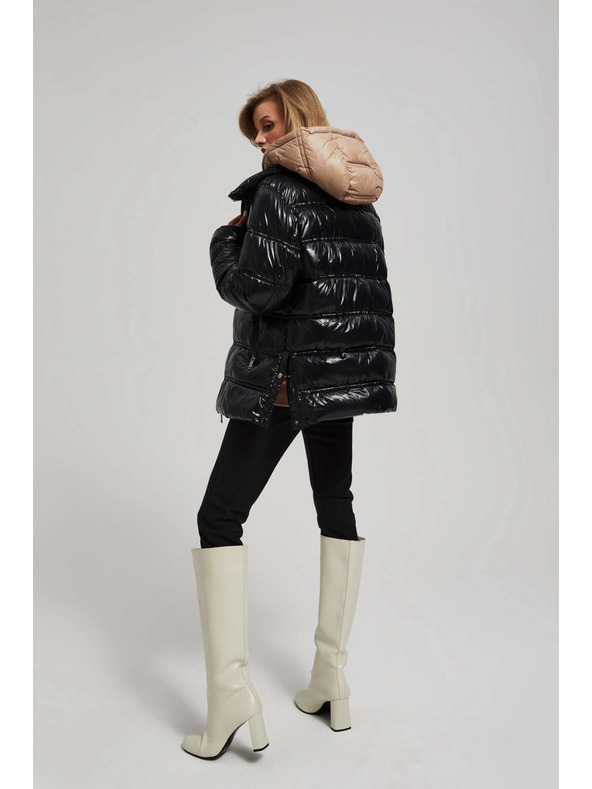 Moodo Krátka prešívaná čierna bunda s kapucňou Moodo