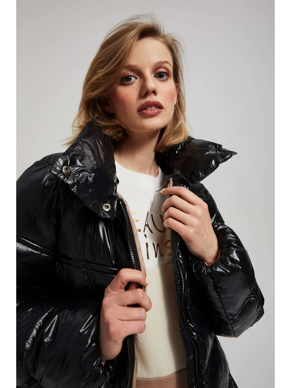 Moodo Krátka prešívaná čierna bunda s kapucňou Moodo