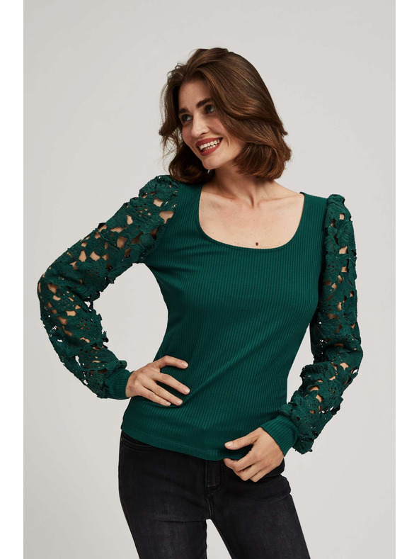 Moodo Smaragdové tričko s čipkovanými rukávmi Moodo