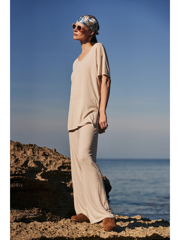 Moodo Béžové nohavice z rebrovanej pleteniny Moodo