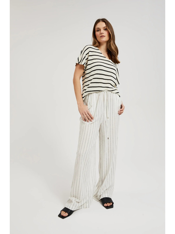 Moodo Ľanové nohavice pruhované biele Moodo