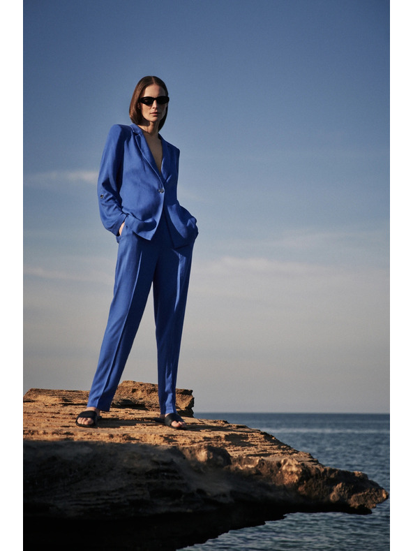 Moodo Ľanové nohavice so spodným lemom modré Moodo