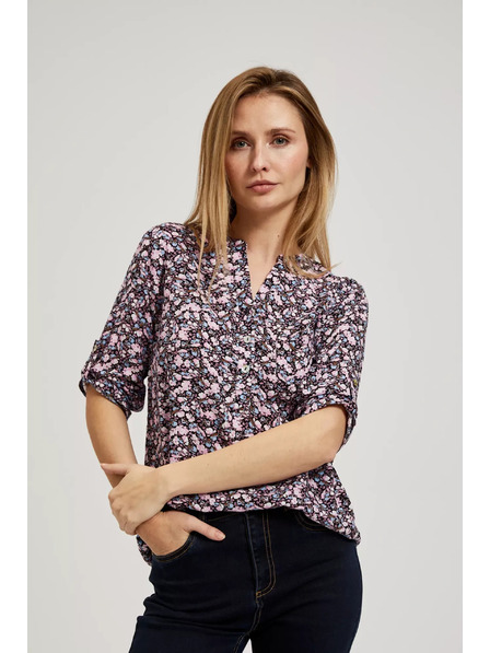 Moodo Tmavomodrá košeľa s kvetinovým potlačou a vyhrnutými rukávmi Moodo