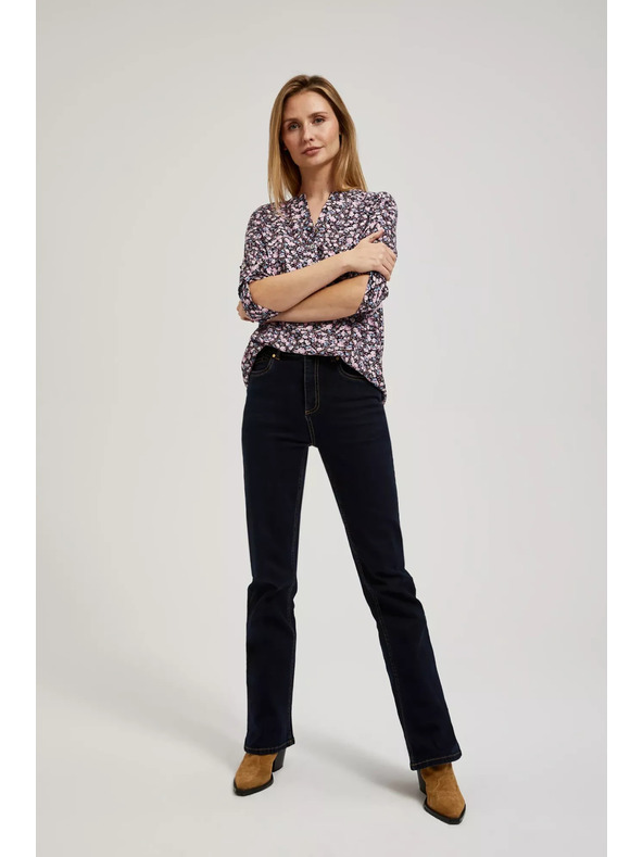 Moodo Tmavomodrá košeľa s kvetinovým potlačou a vyhrnutými rukávmi Moodo