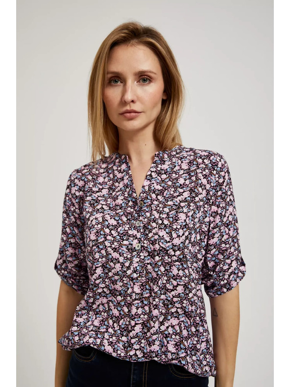 Moodo Tmavomodrá košeľa s kvetinovým potlačou a vyhrnutými rukávmi Moodo
