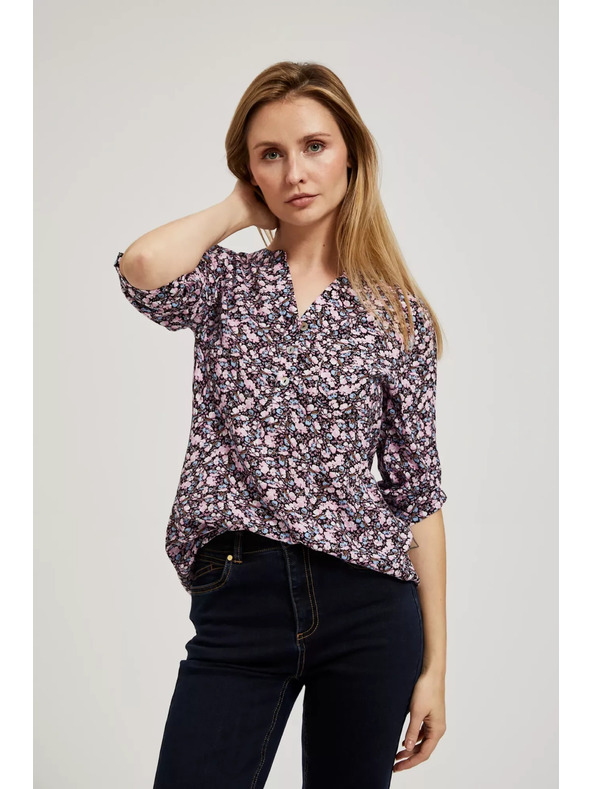 Moodo Tmavomodrá košeľa s kvetinovým potlačou a vyhrnutými rukávmi Moodo