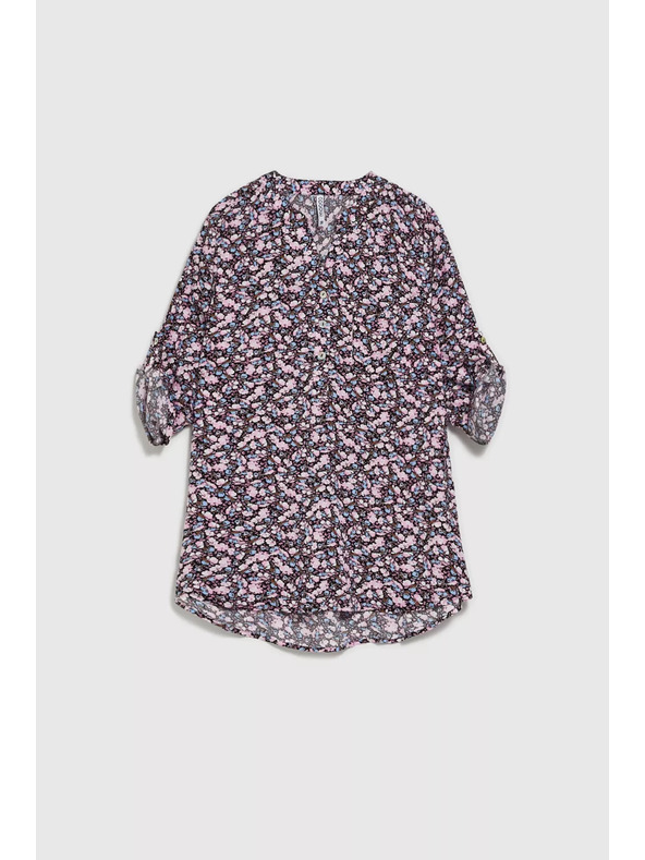 Moodo Tmavomodrá košeľa s kvetinovým potlačou a vyhrnutými rukávmi Moodo