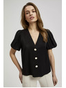 Moodo Čierna košeľa so naberanými rukávmi a ozdobnými gombíkmi Moodo