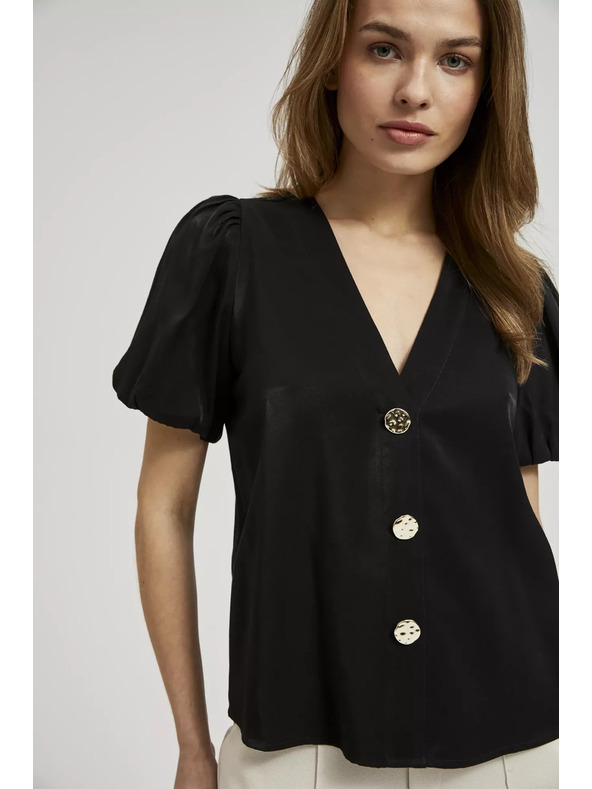 Moodo Čierna košeľa so naberanými rukávmi a ozdobnými gombíkmi Moodo