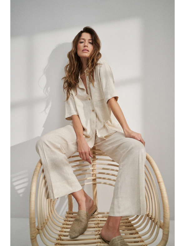 Moodo Ľanová košeľa s vreckom, béžová Moodo