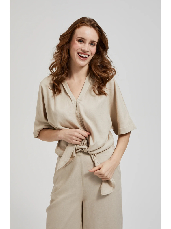 Moodo Ľanová košeľa s viazaním, béžová Moodo