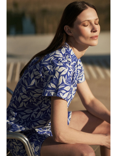 Moodo Modrá košeľa s golierom a rastlinným vzorom Moodo