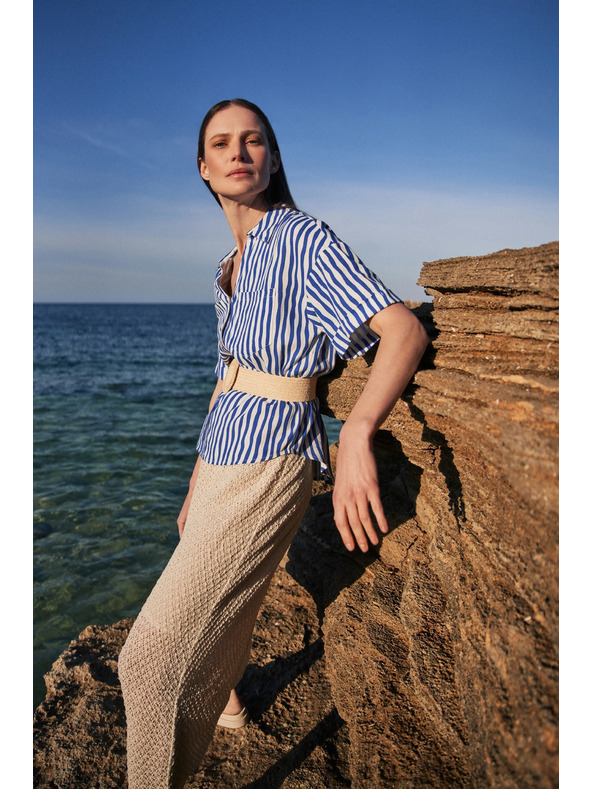 Moodo Modrá pruhovaná košeľa zapínaná na gombíky s vreckami Moodo