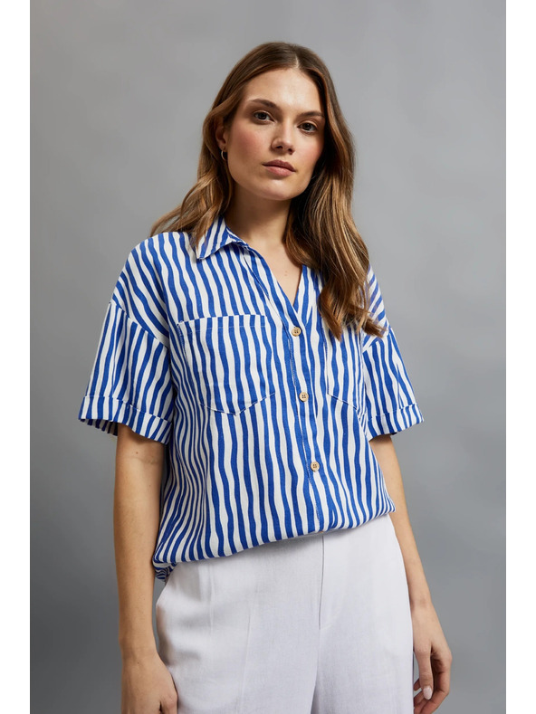 Moodo Modrá pruhovaná košeľa zapínaná na gombíky s vreckami Moodo