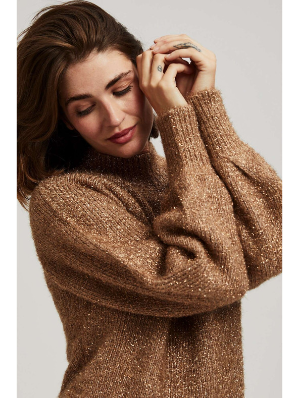 Moodo Sveter so stojačkou zdobený metalickou niťou béžový Moodo