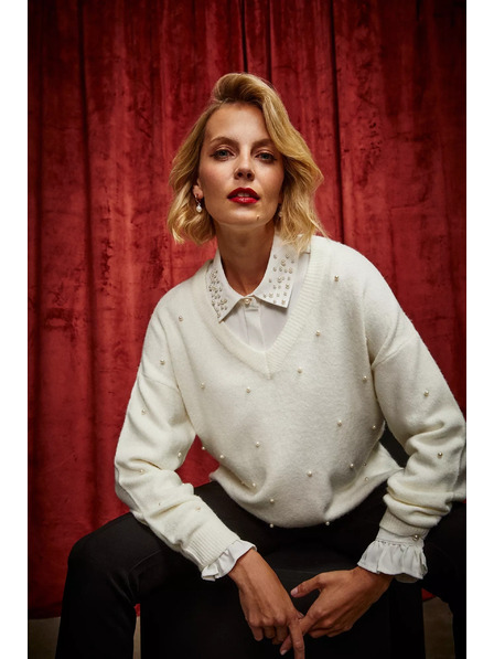 Moodo Sveter s výstrihom do V s perlami Moodo