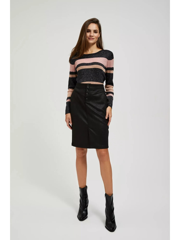 Moodo Čierny sveter s pruhmi, metalickou niťou a okrúhlym výstrihom Moodo