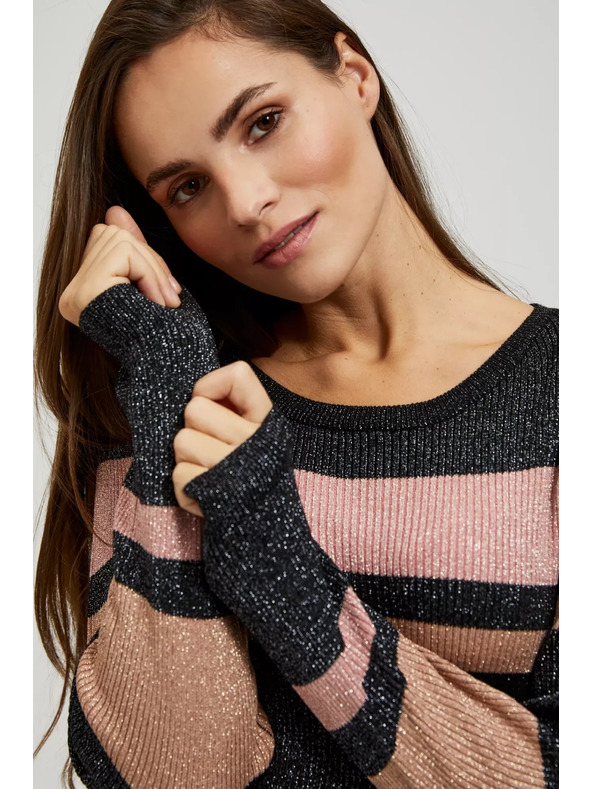 Moodo Čierny sveter s pruhmi, metalickou niťou a okrúhlym výstrihom Moodo