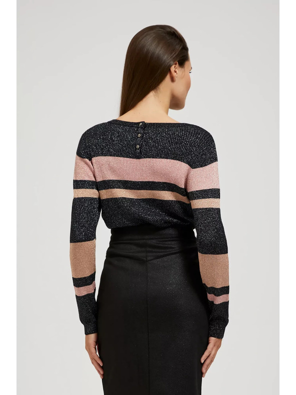 Moodo Čierny sveter s pruhmi, metalickou niťou a okrúhlym výstrihom Moodo