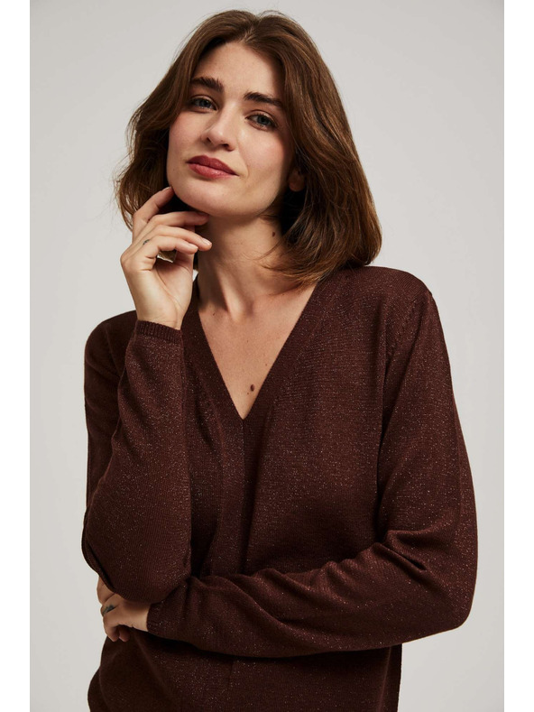 Moodo Hnedý sveter s metalickým vláknom a výstrihom do V Moodo