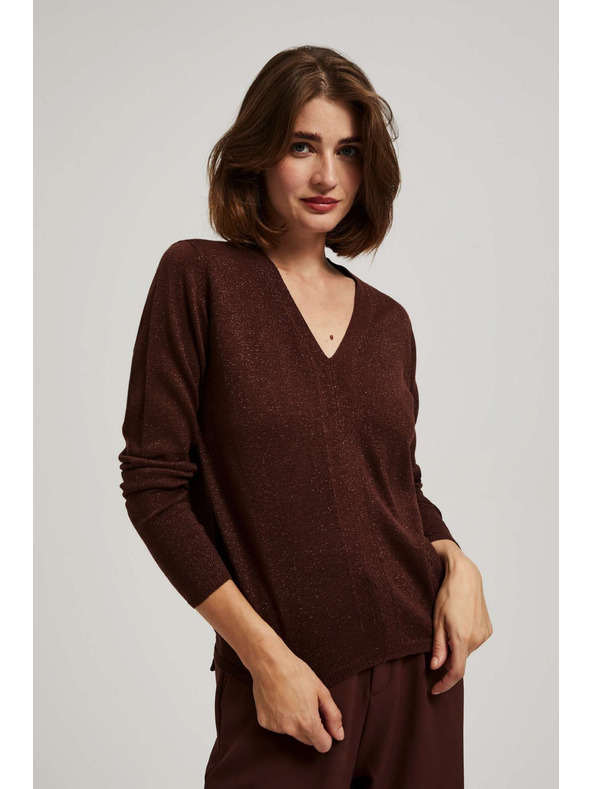 Moodo Hnedý sveter s metalickým vláknom a výstrihom do V Moodo