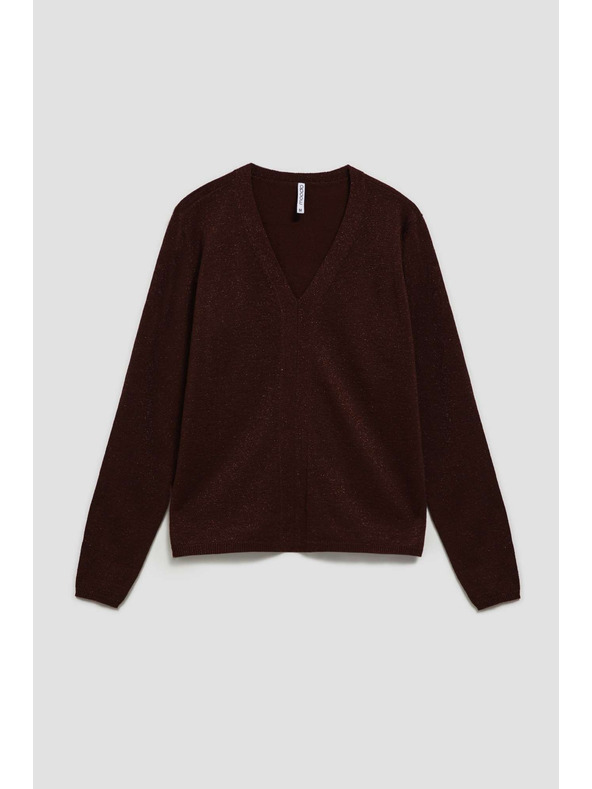 Moodo Hnedý sveter s metalickým vláknom a výstrihom do V Moodo
