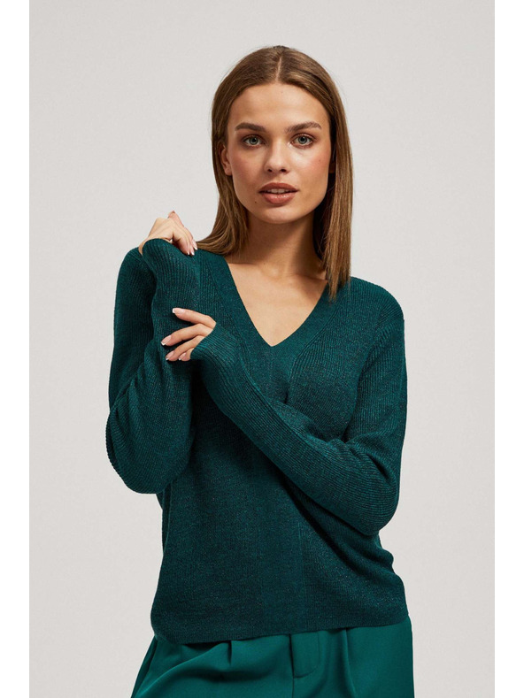 Moodo Priliehavý sveter s výstrihom do V smaragdový Moodo