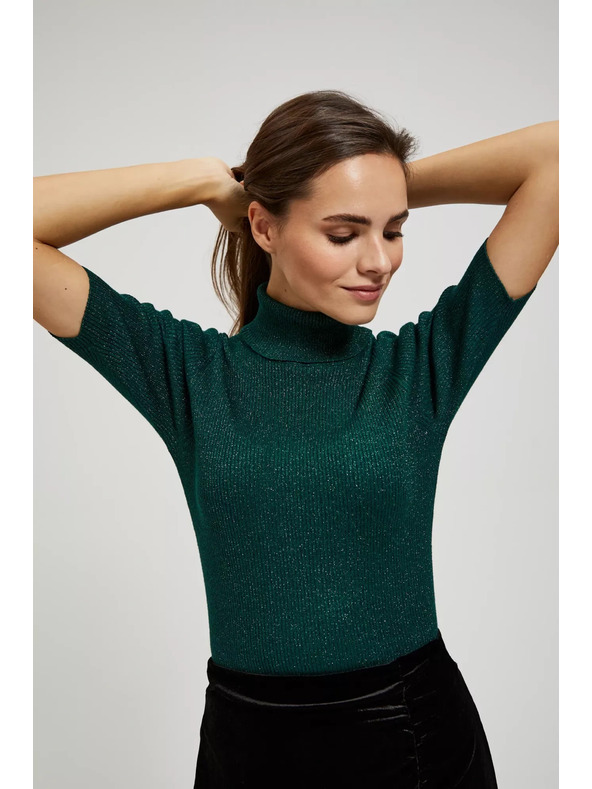 Moodo Sveter so stojačikom zdobený metalickou niťou smaragdový Moodo
