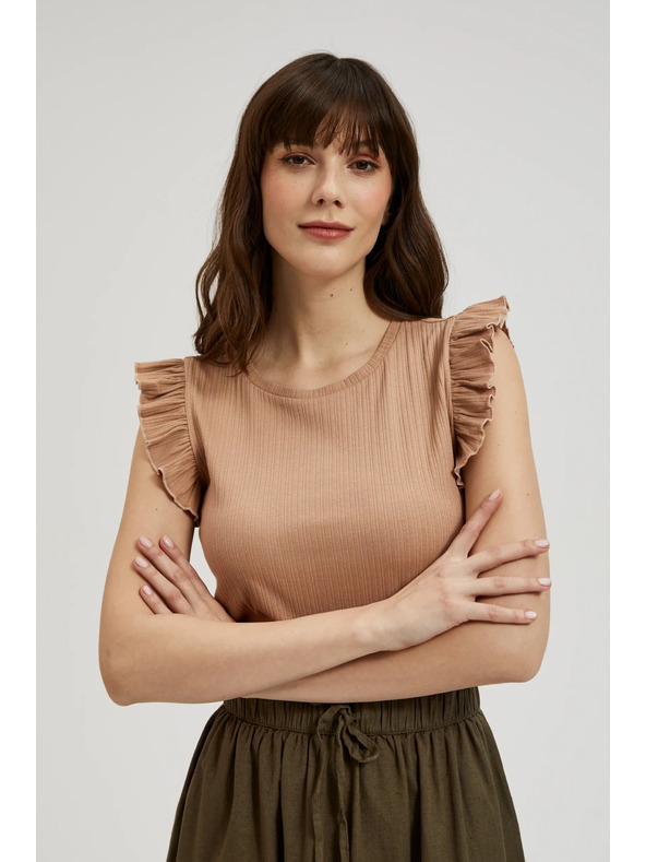 Moodo Žebrovaná blúzka s volánom na pleciach béžová Moodo