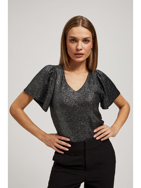 Moodo Blúzka s výstrihom do véčka a nadýchané krátke rukávy čierna Moodo