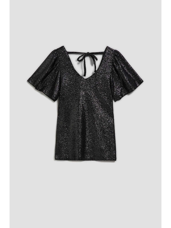 Moodo Blúzka s výstrihom do véčka a nadýchané krátke rukávy čierna Moodo