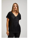 Moodo Elegantná čierna blúzka s výstrihom do V z lesklého materiálu Moodo