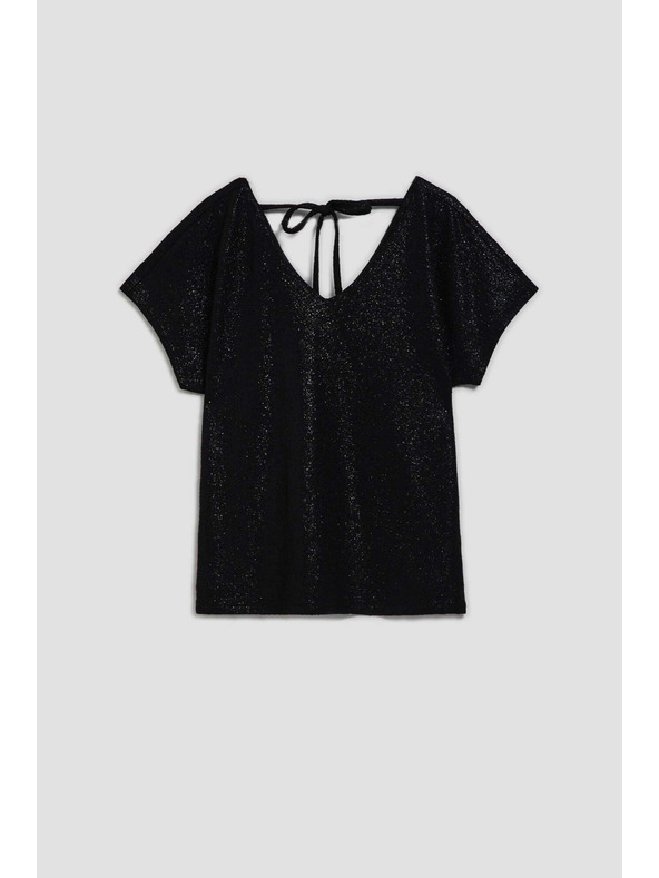 Moodo Elegantná čierna blúzka s výstrihom do V z lesklého materiálu Moodo