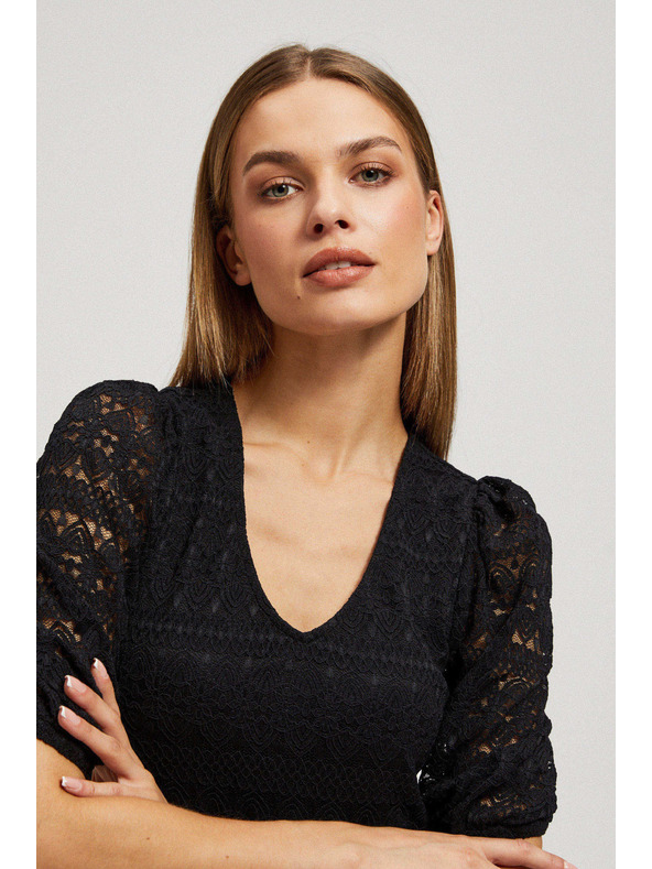 Moodo Čierna čipková blúzka s nafúknutými rukávmi Moodo