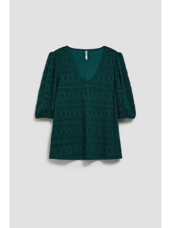 Moodo Smaragdová čipková blúzka s nafúknutými rukávmi Moodo