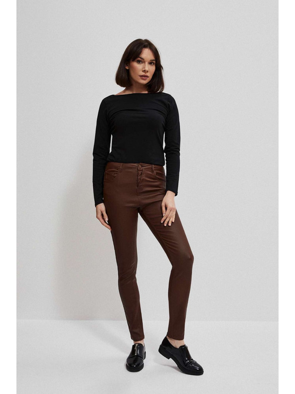 Moodo Voskované úzke nohavice s vreckami gaštanové Moodo