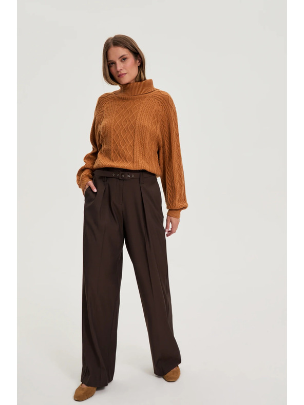 Moodo Hnedé nohavice so štruktúrou a páskom Moodo